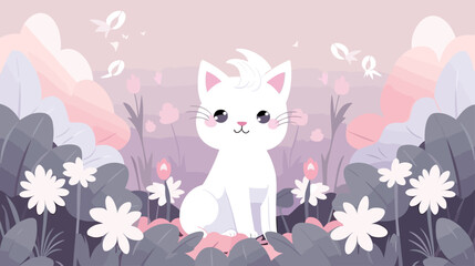 Cat baby and flower field Vector illustration.