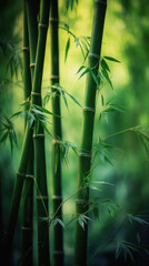 Closeup view of green bamboo stems with leaves and blurred background. Vertical composition. Generative AI