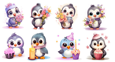 Birthday with cute Penguin Clip Art Set, Sticker isolated, PNG, generated ai