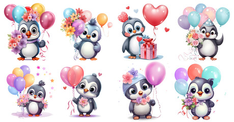 Birthday with cute Penguin Clip Art Set, Sticker isolated, PNG, generated ai