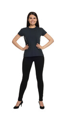 Fototapeta premium Woman wearing stylish black jeans and high heels shoes on white background