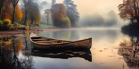 Tranquil Waters: Wooden Row Boat on a Misty Pond