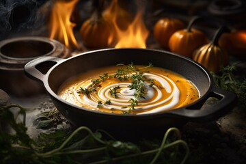 cast-iron pot filled with simmering butternut squash soup sits on a stove