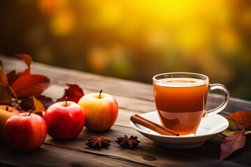 steaming mug of hot apple cider with a cinnamon stick on a wooden table, surrounded by autumn...