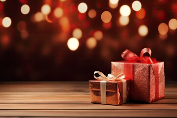 christmas red gift boxes on the wooden floor Blurred Shiny Lights 