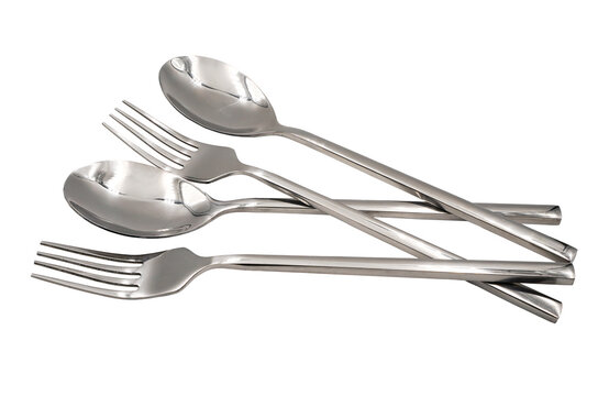 set of new and shiny stainless spoons and forks isolated in PNG format , kitchenware or utensils concept	