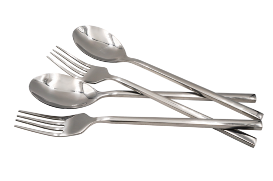 set of new and shiny stainless spoons and forks isolated in PNG format , kitchenware or utensils concept	