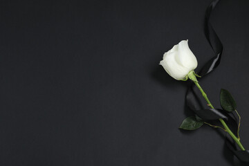 Beautiful rose and ribbon on black background, top view with space for text. Funeral symbols - obrazy, fototapety, plakaty