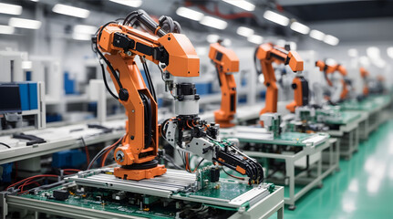 製造工場のロボットアームとコンベア｜Robotic arms and conveyors in a manufacturing plant. Generative AI - obrazy, fototapety, plakaty