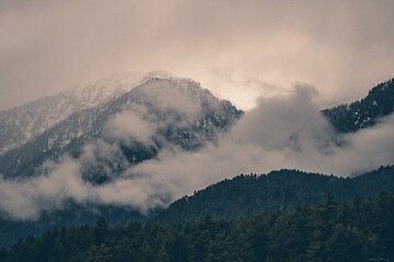 Beautiful winter landscape with snow covered trees and mountains in Kashmir.