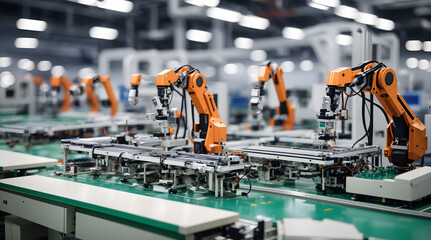 製造工場のロボットアームとコンベア｜Robotic arms and conveyors in a manufacturing plant. Generative AI - obrazy, fototapety, plakaty
