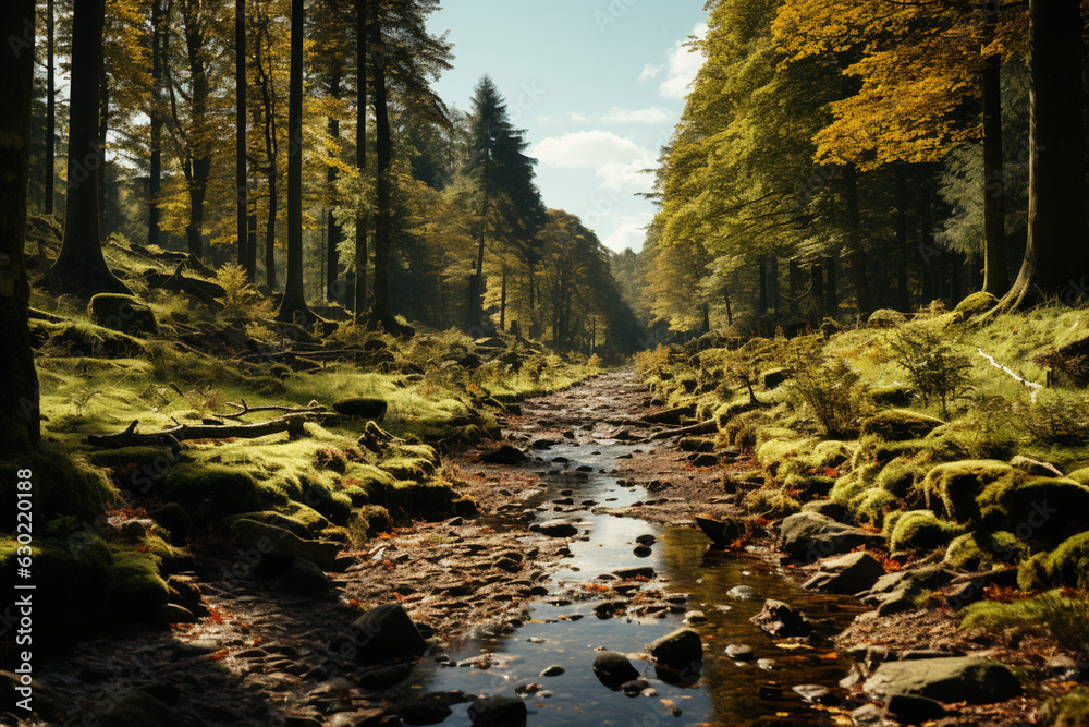Aufkleber a serene forest landscape with sunlight filtering through the trees and a peacefulness that invites 
