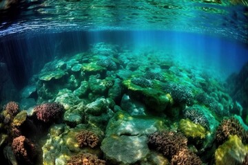 Obraz premium Underwater coral reef landscape super wide banner background in the deep blue ocean. Bright beams of sunlight refracting through the surface of the ocean. Ocean Underwater Background Image