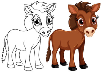 Cute horse cartoon animal and its doodle coloring character