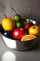 A variety of fruits in a silver bowl. Generative AI