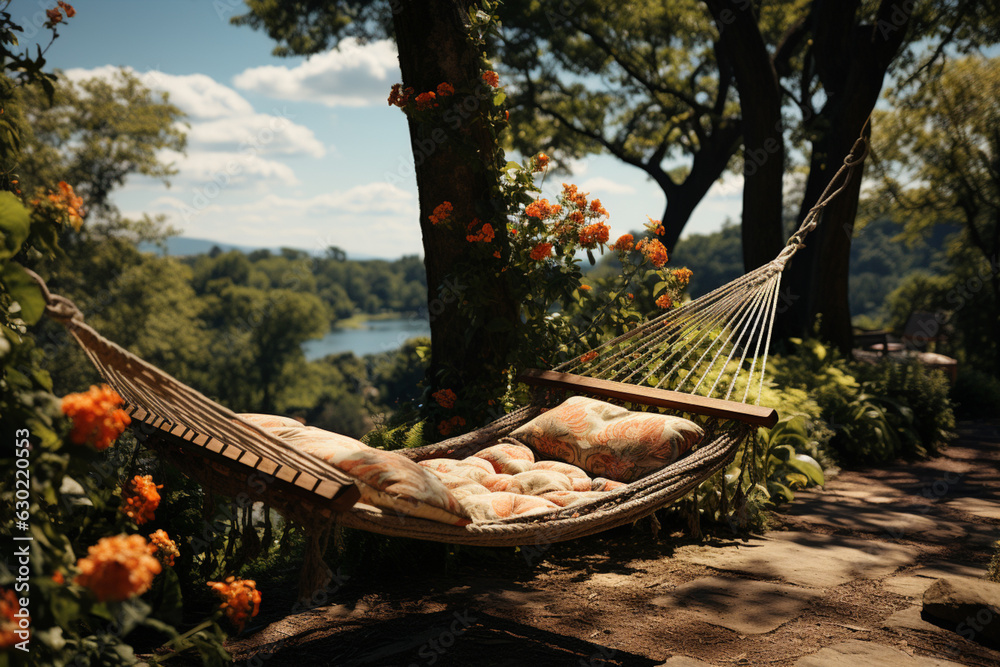 Poster A comfortable hammock nestled between two trees, inviting rest and relaxation in a natural setting.  Generative AI technology.