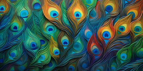 peacock feather pattern, A close up of a colorful background with many different colored feathers generative ai