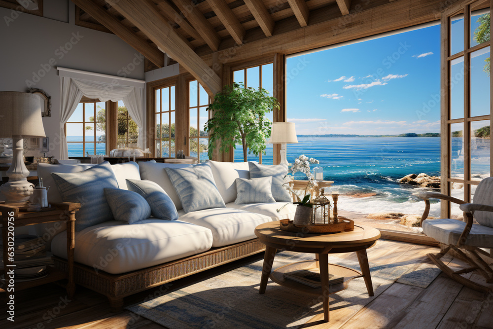 Poster a peaceful coastal cottage with panoramic ocean views, inviting a sense of calm and tranquility. gen