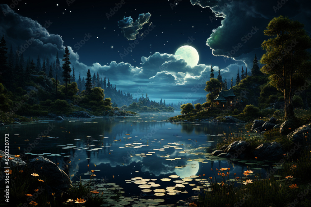Poster A tranquil lake surrounded by lush greenery and a starry night sky, creating a sense of calm and serenity.  Generative AI technology.