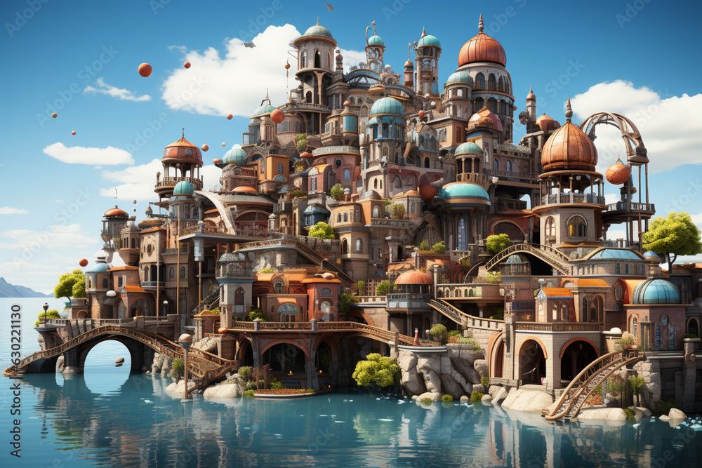 Aufkleber A floating cityscape with levitating buildings and surreal architecture, representing the boundless creativity of dreams.  Generative AI technology.