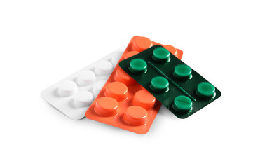 Blisters with different pills on white background