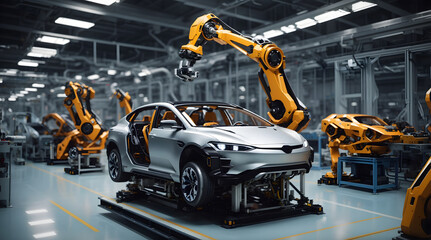 自動車製造工場で車を溶接するロボットアーム｜Robot arms welding cars in a car factory. Generative AI - obrazy, fototapety, plakaty