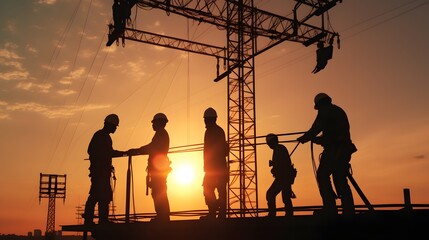 silhouette workers construction of the extension of high-voltage towers