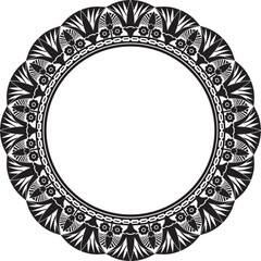 Vector monochrome round Egyptian border. Circle ornament of ancient Africa. Pattern of lotus flowers and sun..