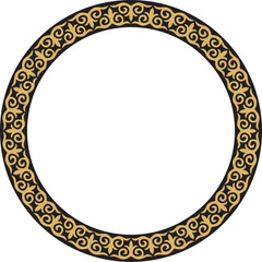 Vector gold and black Kazakh national round pattern, frame. Ethnic ornament of the nomadic peoples of Asia, the Great Steppe, Kazakhs, Kirghiz, Kalmyks, Mongols, Buryats, Turkmens
