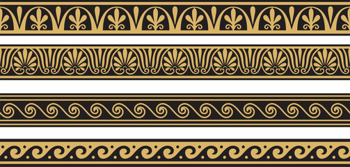 Set of vector seamless greek classic ornament. Pattern for a border and a frame. Ancient Greece and the Roman Empire. Endless golden with black meander..