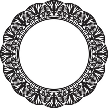 Vector monochrome round Egyptian border. Circle ornament of ancient Africa. Pattern of lotus flowers and sun..