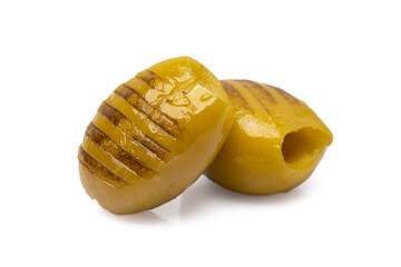Grilled green olives on white background