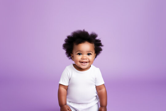cute black baby girl wearing white blank shirt or bodysuit on a pastel purple background, studio shot, design mockup