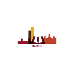 Spain Madrid cityscape skyline capital city panorama vector flat modern logo icon. Spanish region emblem idea with landmarks and building silhouettes