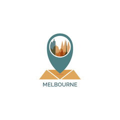 Australia, Melbourne map pin point, geolocation, skyline shape vector logo, icon, isolated illustration. Australian emblem concept with landmarks and buildings