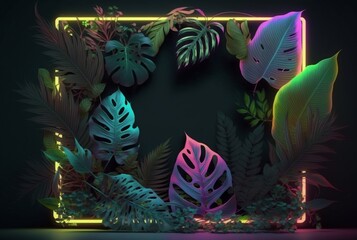 Colorful tropical leaves with neon frame on dark background. Generative AI.