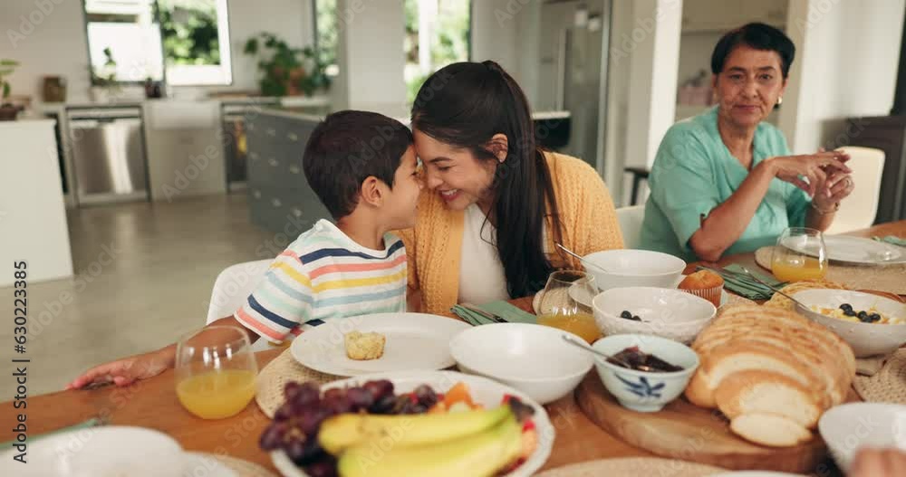 Poster Family, food and a mother and child at home for breakfast, quality time and love at a table. Grandmother, woman and child rub noses in a dinning room eating a healthy meal with happiness and care