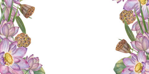 Elegant watercolor illustration with delicate pink lotus flowers and botanical beauty of water lily. frame. Space for text. Floral design elements perfect for wedding invitations; . greeting cards, po