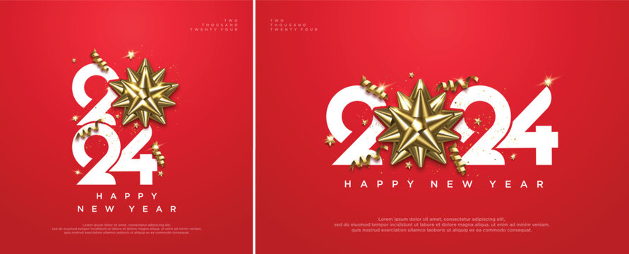 Happy new year 2024 design, With paper number illustration on red background and gift ribbon. Happy New Year 2024 vector background premium simple design.