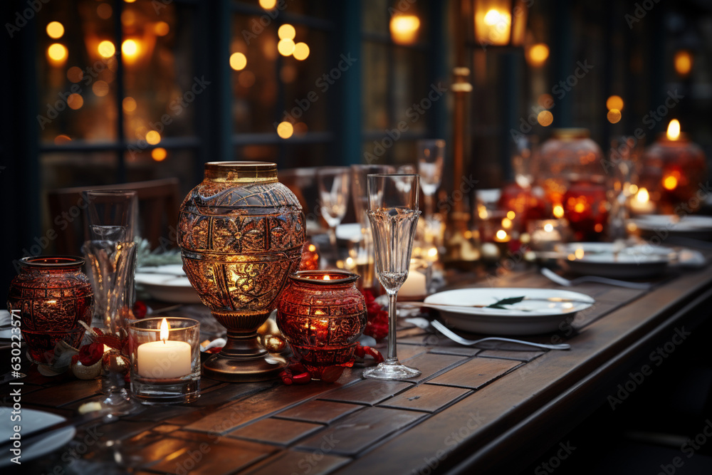 Poster A festive table setting with New Year's Eve dinner, adorned with candles and festive decorations.  Generative AI technology.