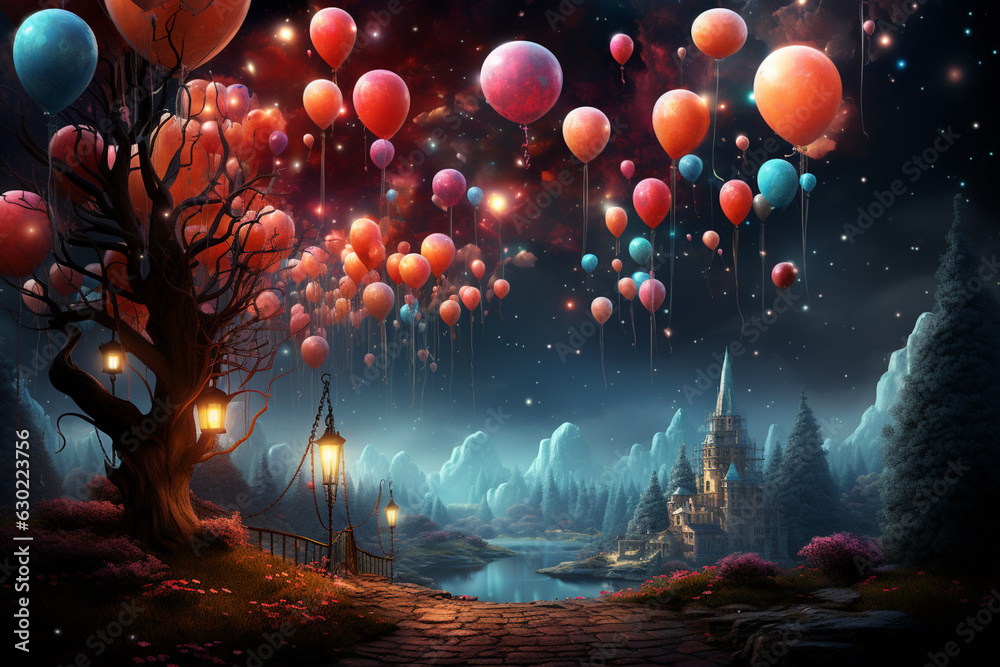 Poster A dreamy and surreal New Year background with floating balloons and stars.  Generative AI technology.
