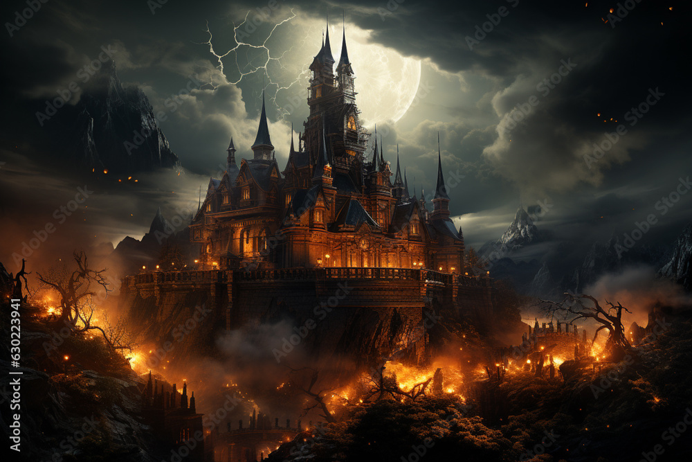 Aufkleber A haunted castle with lightning striking and thunder rumbling in the background.  Generative AI technology.
