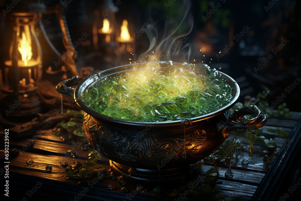 Aufkleber a spooky witch's cauldron bubbling with green potion and glowing eyes. generative ai technology.