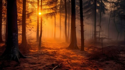 Mysterious dark forest with fog and sunbeams.