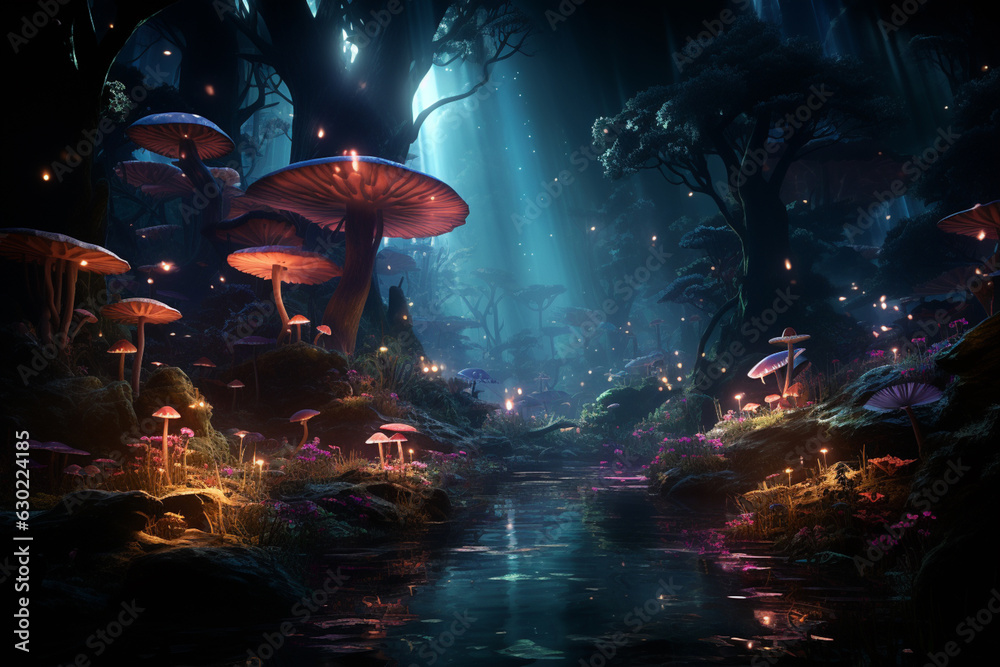 Poster a haunted forest with creepy creatures lurking among the trees, illuminated by glowing fireflies. ge