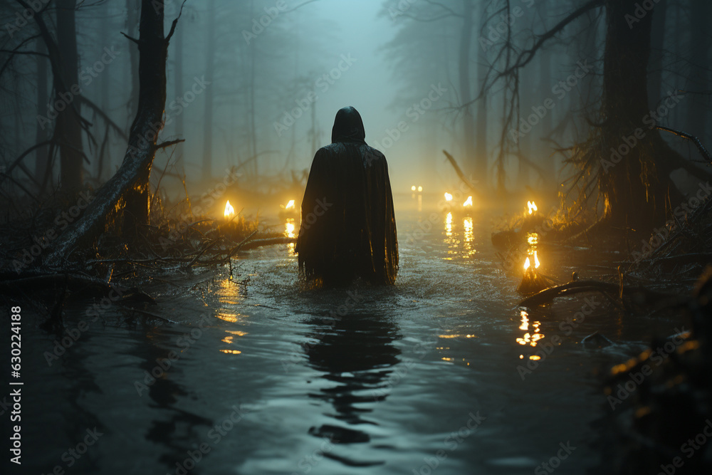 Poster a ghostly figure emerging from a foggy swamp with eerie blue lights. generative ai technology.