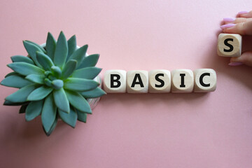 Basics symbol. Concept word Basics on wooden cubes. Businessman hand. Beautiful pink background...
