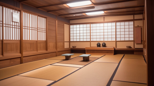 Spacious room for martial arts practicing. Traditional interior for dojo or karate school hall. Indoor background with copy space.