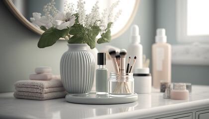Fototapeta na wymiar Luxurious female dressing table with different cosmetic accessories, make up brushes and mirror. Bouquet of flowers on countertop. Indoor background, bathroom interior.