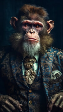 Old monkey dressed in an elegant suit with a nice tie. Fashion portrait of an anthropomorphic animal, shooted in a charismatic human attitude.